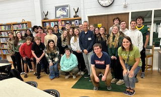 Larry Moneta after speaking at Crest High School in Cleveland County, Nov. 2024