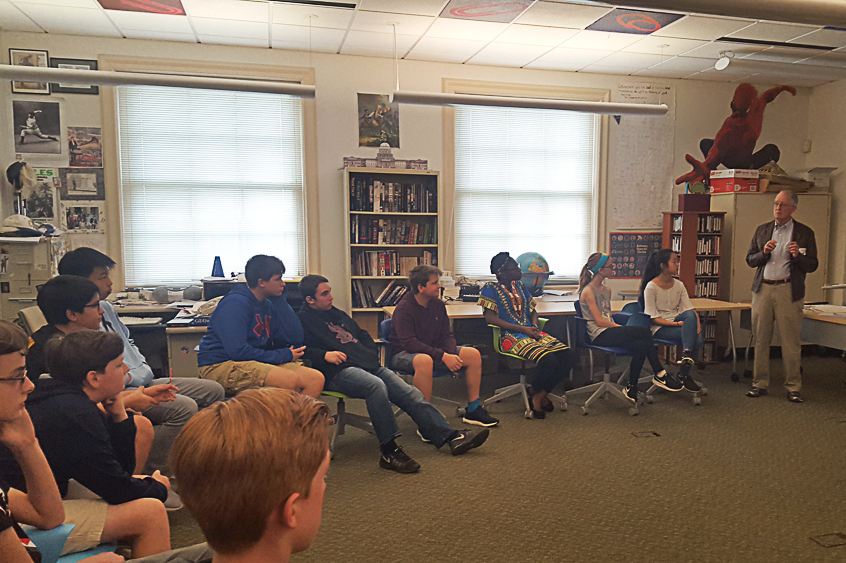 February, 2018 - Mike Lowder speaking with students at Cary Academy about the Warsaw Ghetto Uprising