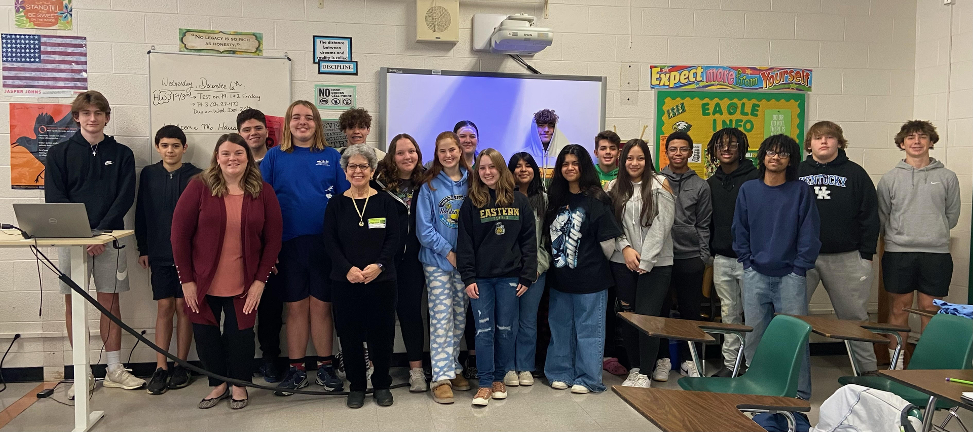 Speaker Bonnie Hauser and AP English teacher Lindsay Crouse and her class at Eastern Alamance High School
